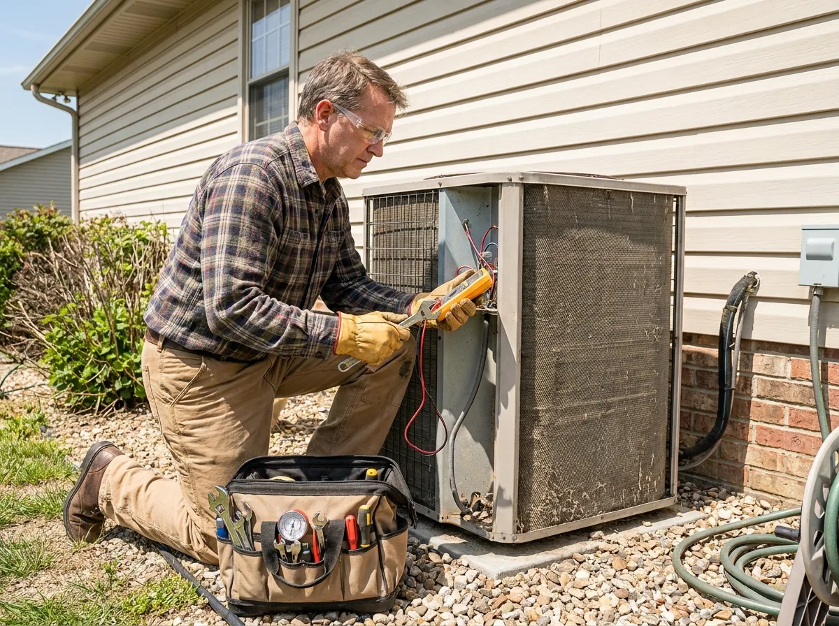 HVAC technician servicing an outdoor condenser unit
