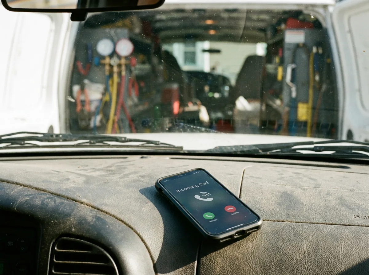 Incoming call notification on a phone in an HVAC service truck