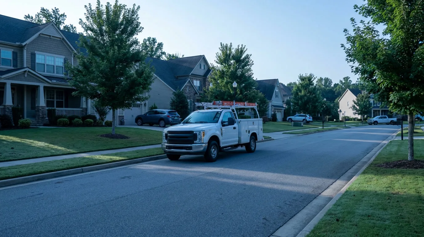 HVAC service truck driving through a suburban neighborhood